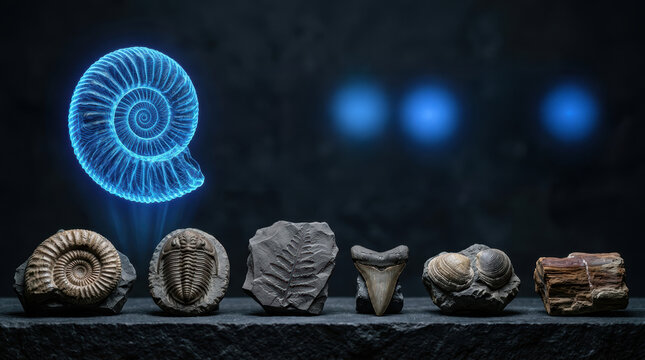 Ammonite fossil hologram geologist examining ancient specimen with wonder in dark museum display featuring trilobite and shell fossils