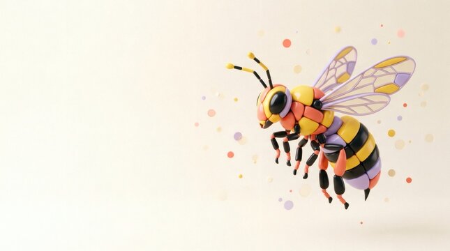Three dimensional stylized bumblebee character made of colorful geometric segments.