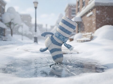 Knitted sock character with striped patterns and a scarf is playfully balancing on a frozen puddle in a snowy city street during the winter.