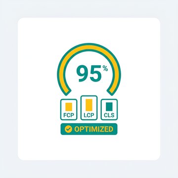 Performance optimization badge displaying ninety five percent score with web vitals metrics including FCP and LCP inside a clean vector graphic.