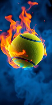 Vibrant tennis ball ablaze with fiery flames and blue smoke, fiery, glowing