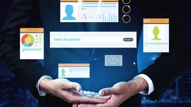 Professional hands holding digital icons representing talent acquisition, recruitment process, hiring trends, and human resources management in a modern technology context. Entropy.
