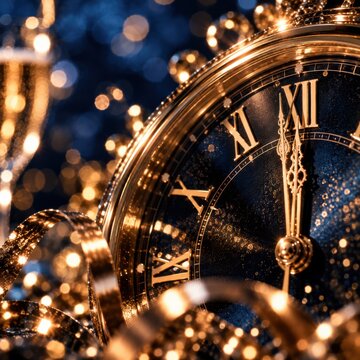 Gold clock nears midnight against dark navy with warm bokeh. New Year luxury background for premium event agency campaign design. Roman numeral face and gleaming clock hands.