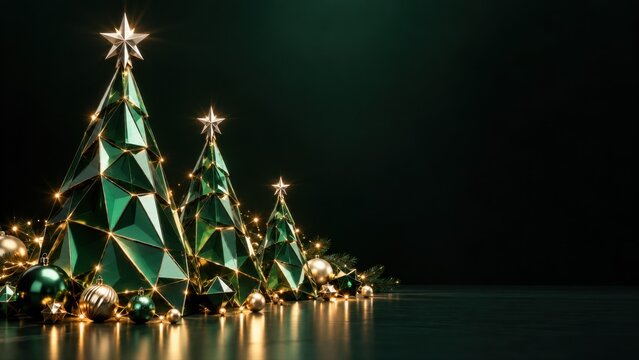Faceted green Christmas trees stand on a dark reflective table. New Year luxury background for premium retail holiday campaign design. Dark copy space for text overlay.