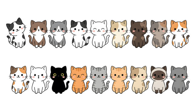 Cute Cartoon Cats and Kittens Collection Vector Illustration on White Background