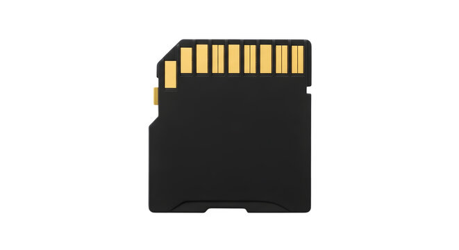 High resolution digital memory storage card device shown isolated on a clean transparent background