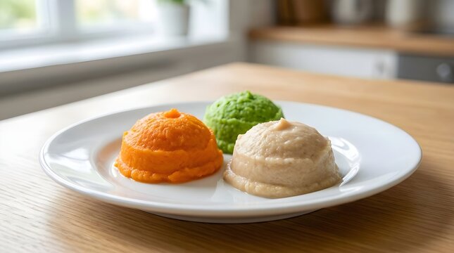 Soft pureed meal on plate for dysphagia friendly nutrition
