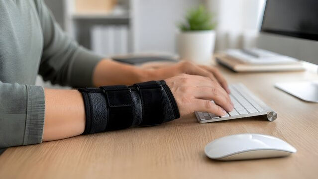 Person Wearing Black Wrist Brace Typing on Computer Keyboard at Office Desk