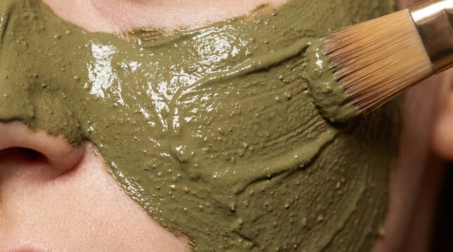 Woman with green clay facial mask, cosmetic brush spreading textured mud, applying skincare product close up, spa beauty treatment room, beauty macro photography