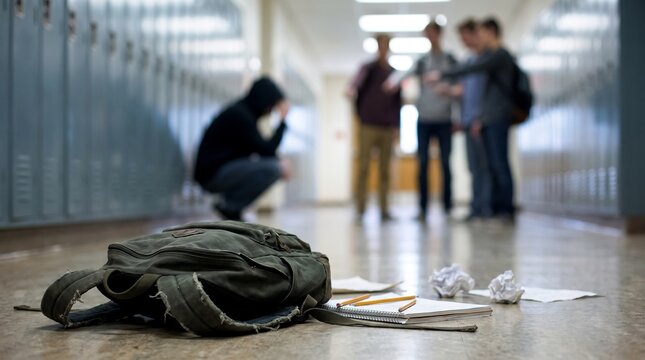 Worn backpack with notebook and pencils, crumpled paper on floor and blurred students, lying on corridor floor, school hallway near lockers, educational concept photography