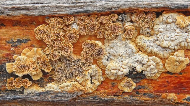 Intricate patterns of intricate fungal growth spreading across weathered wood in a natural macro view