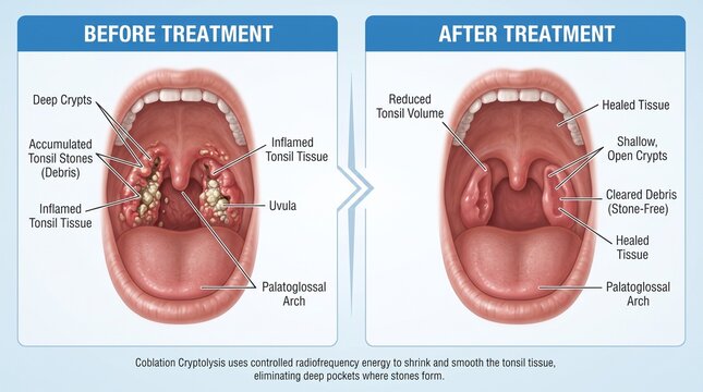 Tonsil stones before and after coblation cryptolysis treatment