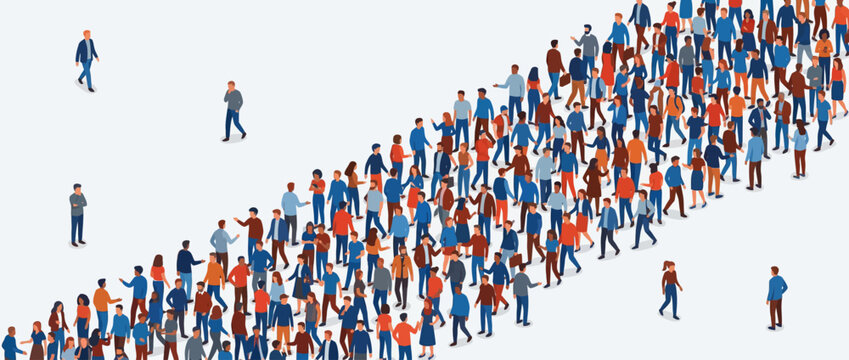 Large crowd of diverse people walking in a queue on a white background
