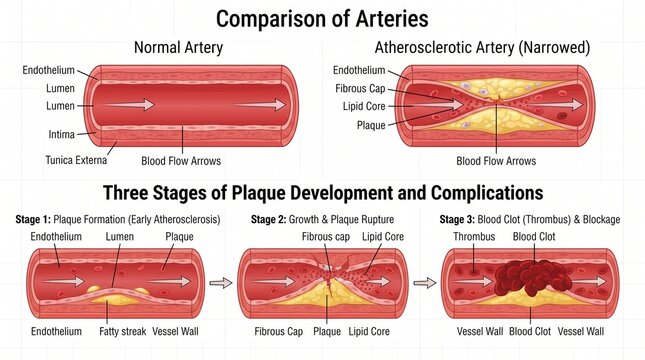 Medical Diagram Showing Atherosclerosis Stages and Artery Comparison