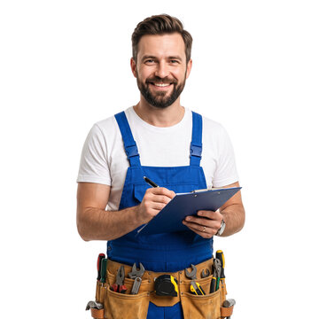 Smiling handyman with tools belt writing on clipboard, isolated