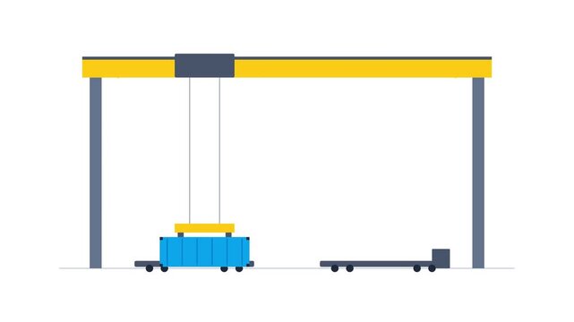 Automated Intermodal Gantry Crane Lifting Ocean Blue Sea Container from Railcar to Flatbed Trailer 4K Loop