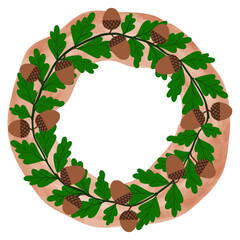 circular oak leaf and acorn wreath illustration, featuring green oak leaves and brown acorns. © Paveena