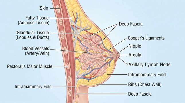 Anatomical diagram of female breast structure showing internal parts