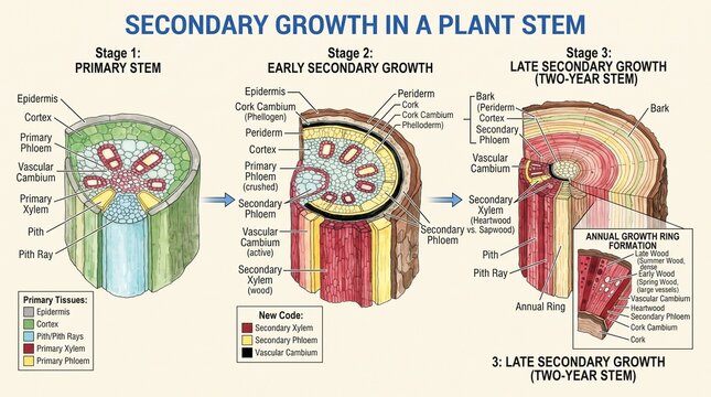 Diagram of Secondary Growth Stages in a Woody Plant Stem