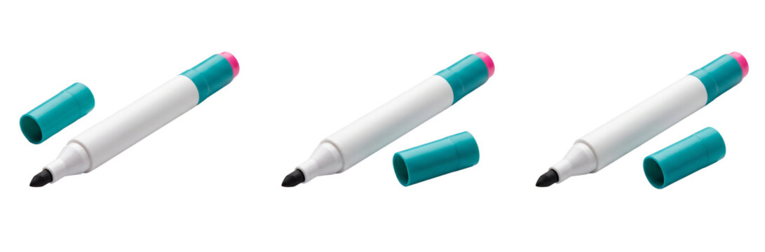 Three Isolated Marker Pens with Teal Caps and Pink Tips