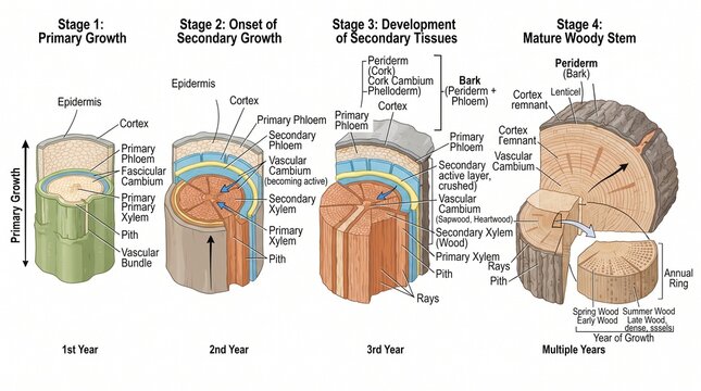 Woody Stem Development Stages and Secondary Growth Diagram