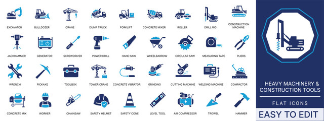 Heavy machinery solid icon set, construction, tools, builder, excavator, crane, equipment, for UI, web design, presentation, editable vector icons. © iconora studio