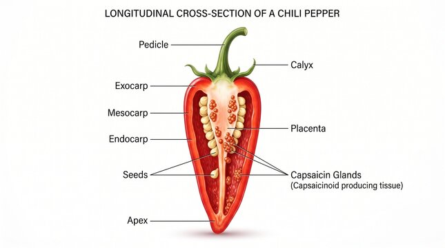Labeled longitudinal cross section of a red chili pepper anatomy