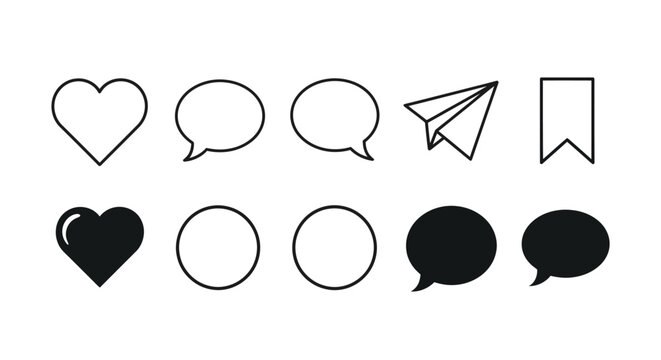 Set of minimalist black and white vector icons including hearts, chat bubbles, paper plane, bookmark and related symbols for UI and design use.