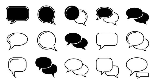 Collection of speech bubble icons in black and white for chat and dialogue designs.