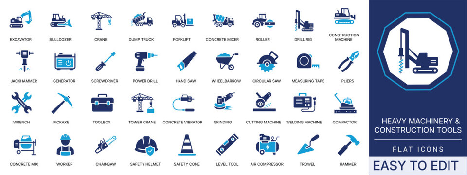 Heavy machinery solid icon set, construction, tools, builder, excavator, crane, equipment, for UI, web design, presentation, editable vector icons.