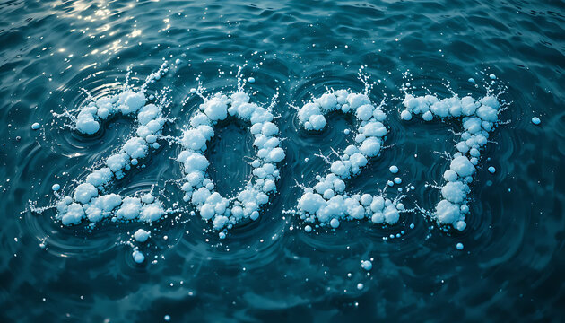 Numbers 2027 formed with clusters of white bubbles and foam floating on the surface of dark blue water with small ripples and droplets visible around the digits reflecting light dynamically 2027 new 