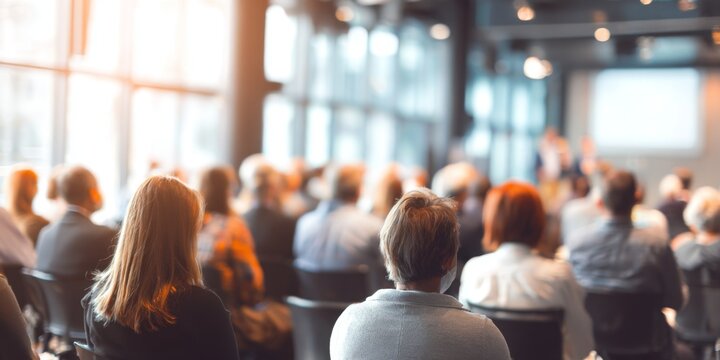 Audience Engaged in Learning During Interactive Presentation in Modern Conference Room with Natural Light Streaming Through Windows