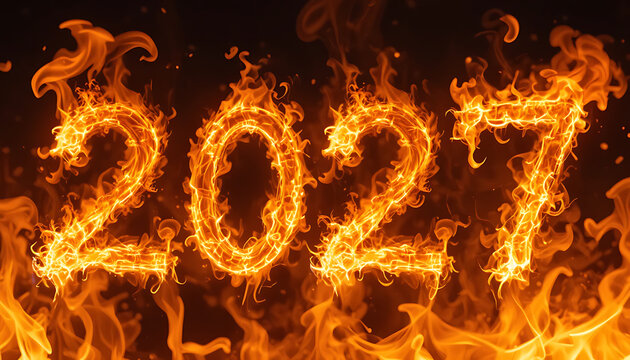 Numbers 2027 formed entirely with bright orange flames burning intensely against a dark background with swirling fire and glowing embers surrounding the digits new year 2027 celebrate 