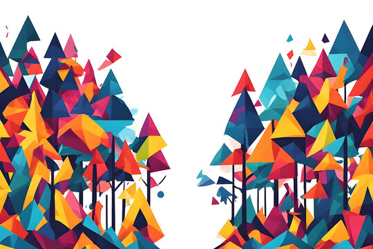 Vibrant geometric forest illustration featuring colorful low poly trees on a clean white background