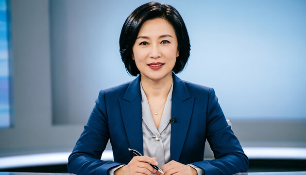Asian Female News Anchor in Blue Suit at Studio Desk