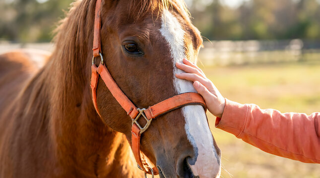 Close-Up Brown Horse with White Blaze and Orange Halter