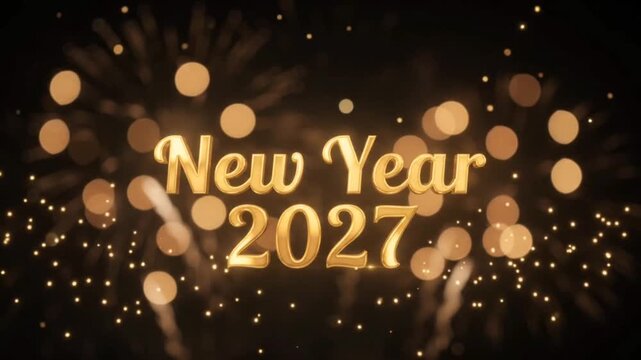 New Year 2027 countdown gold text fireworks slow motion one shot
