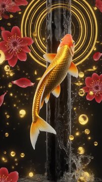 黒漆の水から金鯉が跳躍する迫力のある縁起物縦型動画