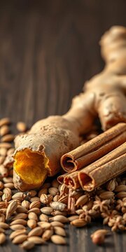 Ginger roots and cinnamon sticks placed alongside fennel seeds, spices, sticks