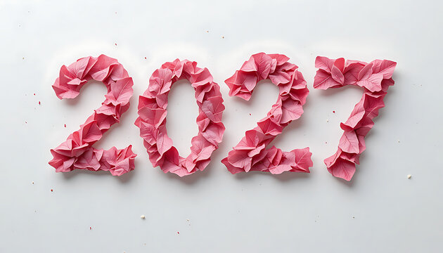Numbers 2027 formed with layered pink flower petals arranged on a light background creating a textured three-dimensional appearance new year 2027 celebrate 