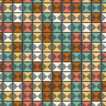 A geometric grid pattern of square tiles in muted tones. Each tile features four triangles converging at the center, creating a subtle 3D pyramid effect in various colors.