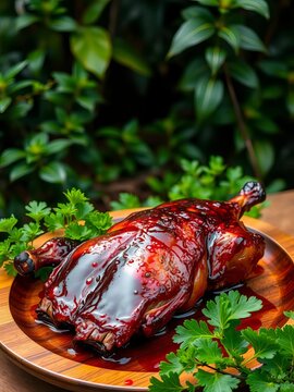Roasted duck with spicy glaze and soy sauce glistens on a wooden plate, invitingly posed amidst lush greenery, food photography, soy sauce