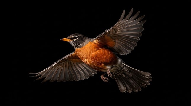American Robin bird in flight detailed feathers and orange breast isolated on black background for nature and wildlife concepts