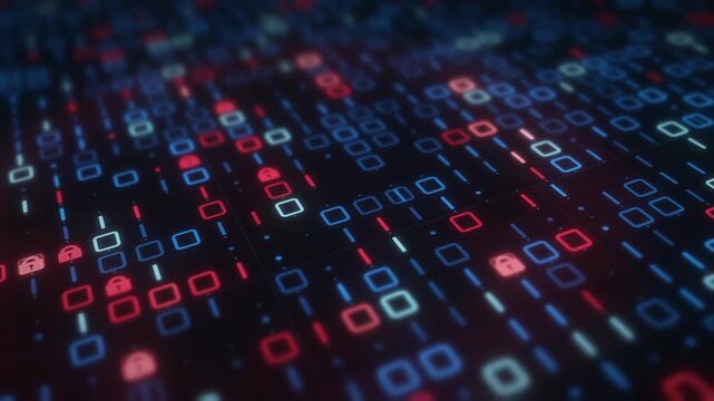 Binary code infected by spreading red ransomware with padlock icons, cyber security attack and data encryption concept