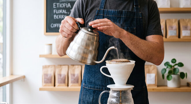 Intimate close-up of barista's hands pouring hot water from a gooseneck kettle in slow circular motions over coffee grounds in a V60 dripper, creating a bloom effect with steam rising and coffee dripp