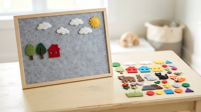 Wooden framed grey felt board displaying farm scene icons for child development and creative play.