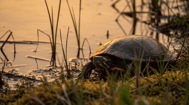 Painted turtle rests among vegetation near a pond at sunset