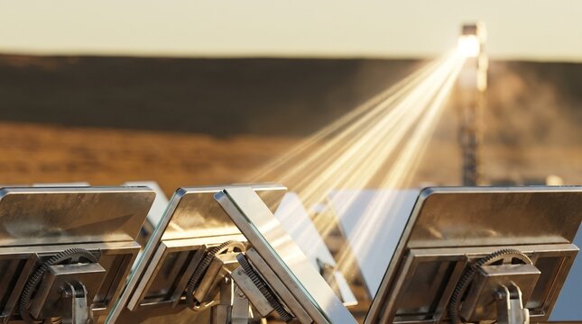 Heliostat Mirror Field at Solar Power Plant at Sunset