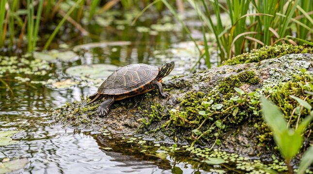 Painted turtle climbing on a moss covered rock in a freshwater habitat