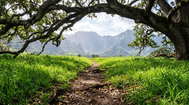 A grassy path leads toward distant mountains framed by tree branches